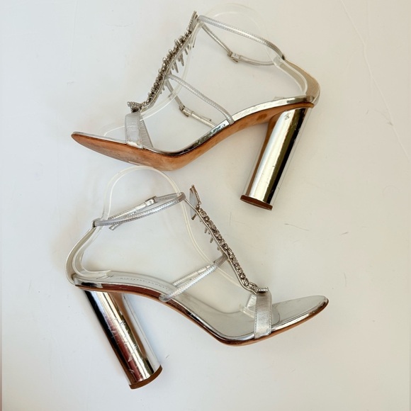 Giuseppe Zanotti Silver Leather Crystal embellished Fishbone Sandal Heels EU41.5 - Picture 9 of 12